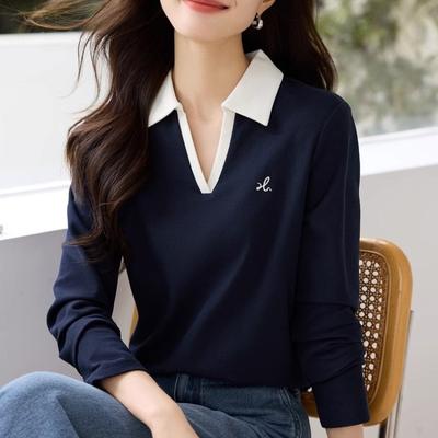 Casualowy T-shirt z kontrastowym kołnierzykiem polo, luźny, jesienny, z haftem, modny, z długim rękawem, kontrastowy top bazowy dla kobiet, T-shirty damskie