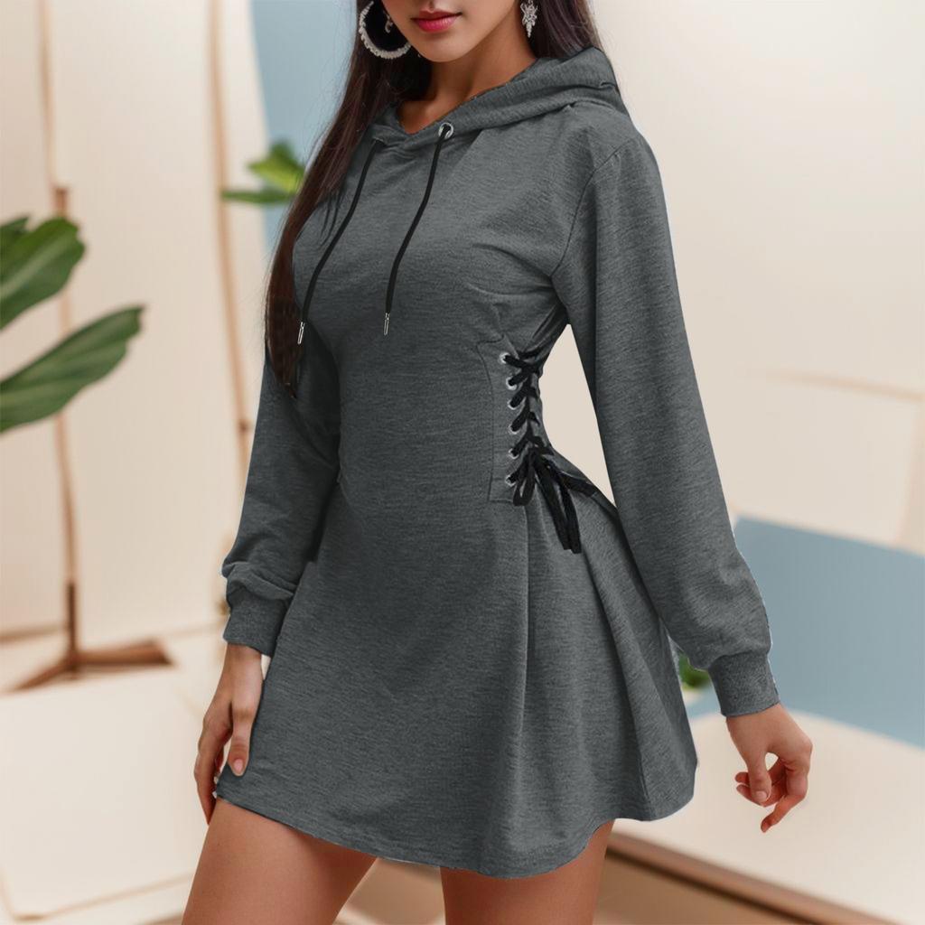 Women Autumn Sweatshirt Dresses Side Lace-Up Waist in Long Sleeve Solid Color Hooded Pullover Tops Casual Long Loose Hoodies