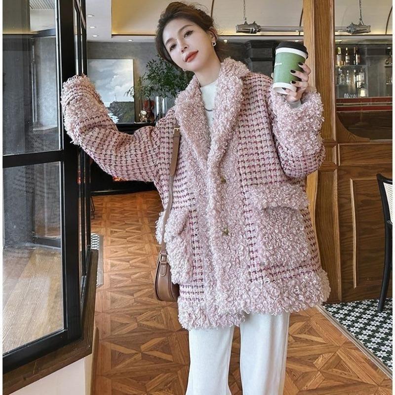 

Зимнее модное свободное розовое клетчатое хлопковое пальто из овечьей шерсти для женщин XL 150-85 kg