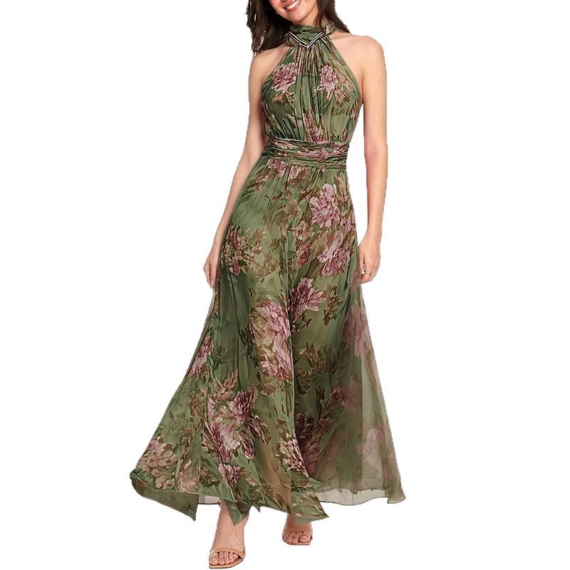 Spring new women's clothing, European and American, fashionable and elegant printed neck-and-waist dress