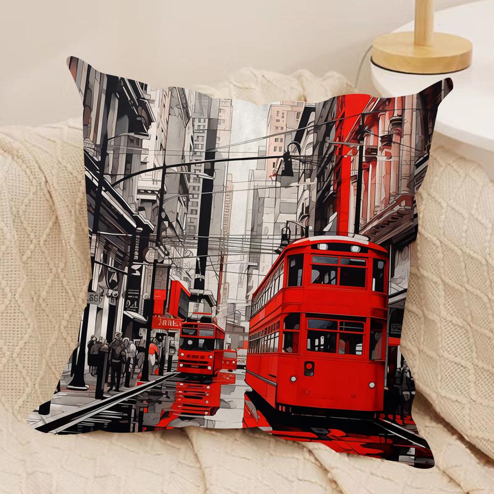 London Red Bus Print Cushion Cover Silky Short Plush Invisible Zipper Dustproof Sofa Pillow Case for Home Decor