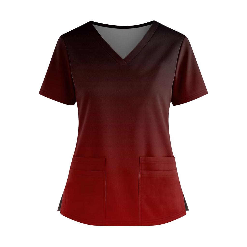 Women's Fashionable Printed V Neck Double Pocket Short Sleeved Shirt With Slit Hem Uniform And Worker Top