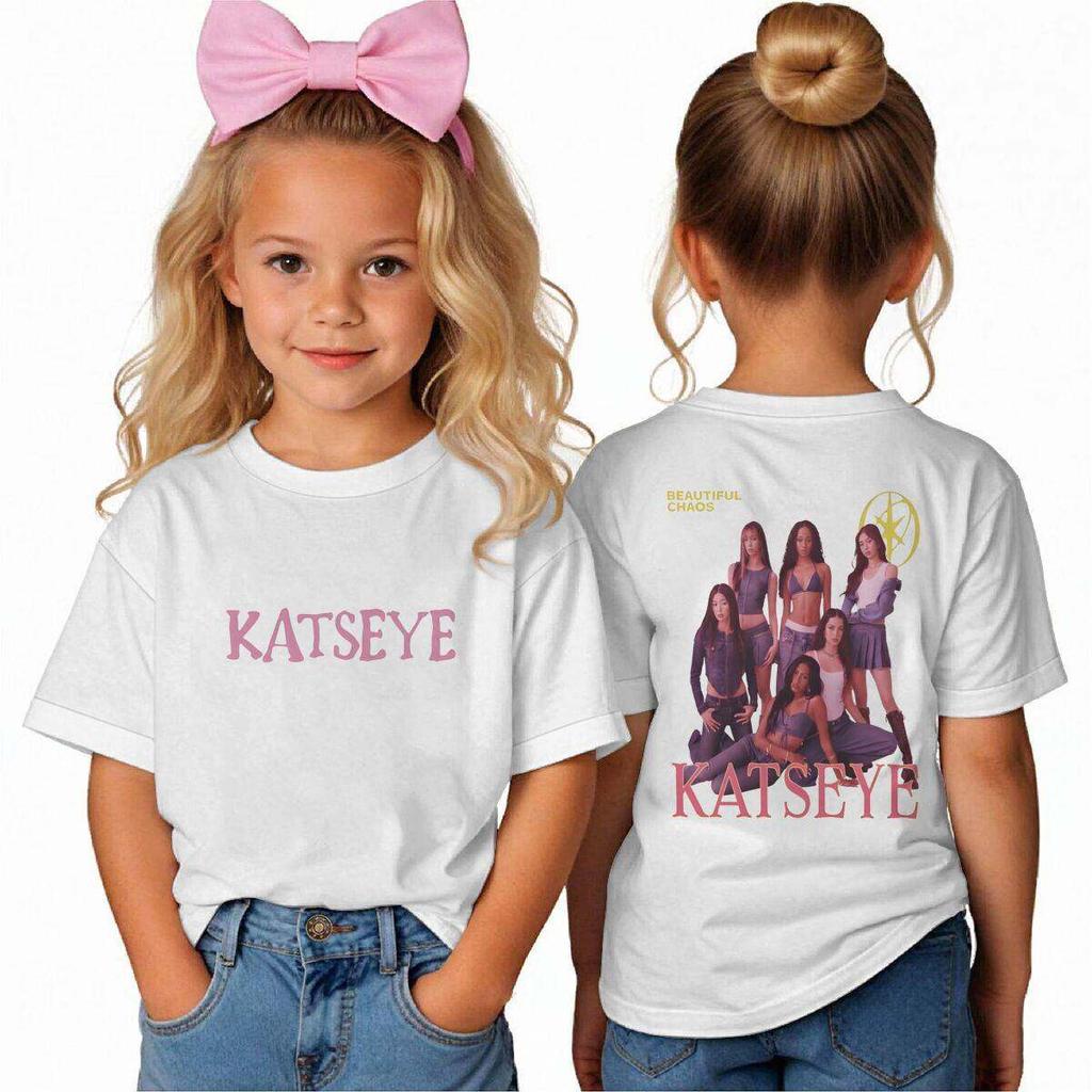 KATSEYE Trendy Girls Printed Childrens Roundneck Shortsleeved Tshirt for Summer Loose and Comfortable Casual Wear