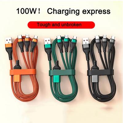 100W כבל USB 3 ב-1 כבל טעינה מהירה כבל טעינה רב כבל USB Type C כבל iOS מתאם חוט קלוע לטאבלט טלפון נייד