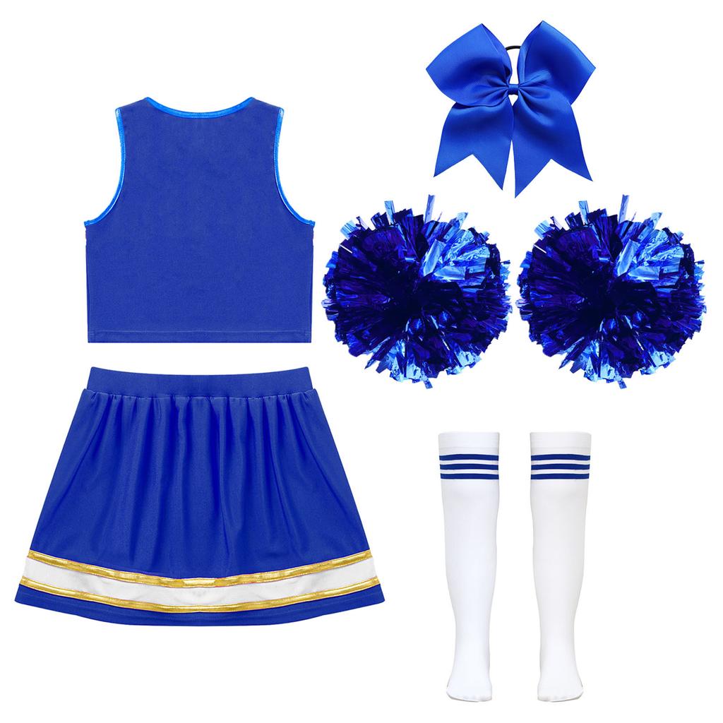Girls Cheerleading Outfit Sleeveless V Neck Crop Top and Elastic Waist Skirt Set with Bowknot 2Pcs Hand Flowers