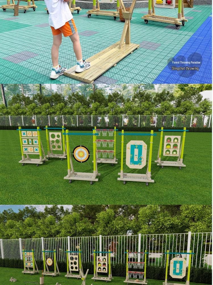 Kids Outdoor Toy Set: Wooden Basketball Hoop, Ring Toss, Sandbags, Bow & Arrow for Sensory Play