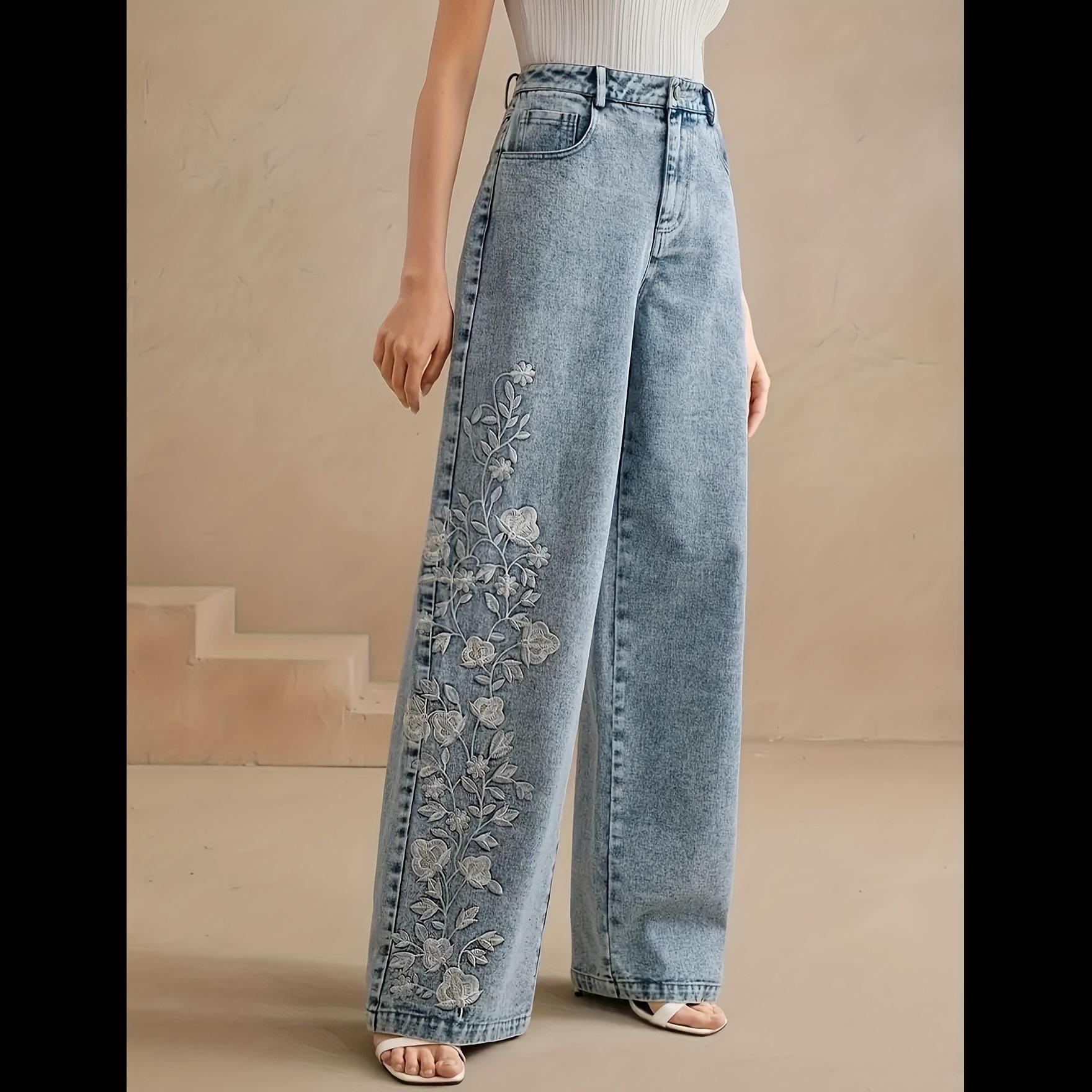 Women s Mid Rise Wide Leg Denim Jeans Loose Fit Elegant Straight Pants Summer Blue Floral Embroidery Medium Stretch Denim Trousers S
