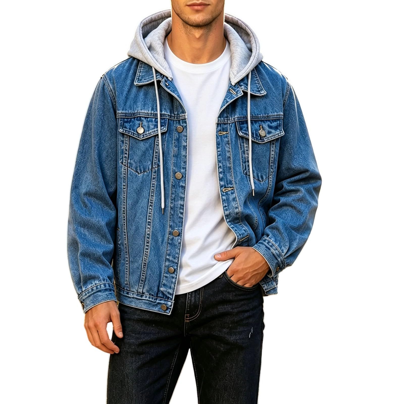 Men`s Color Denim Hooded Jacket for