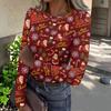 Women's Casual Long Sleeve Ribbed Neck Christmas Print Pullover Top