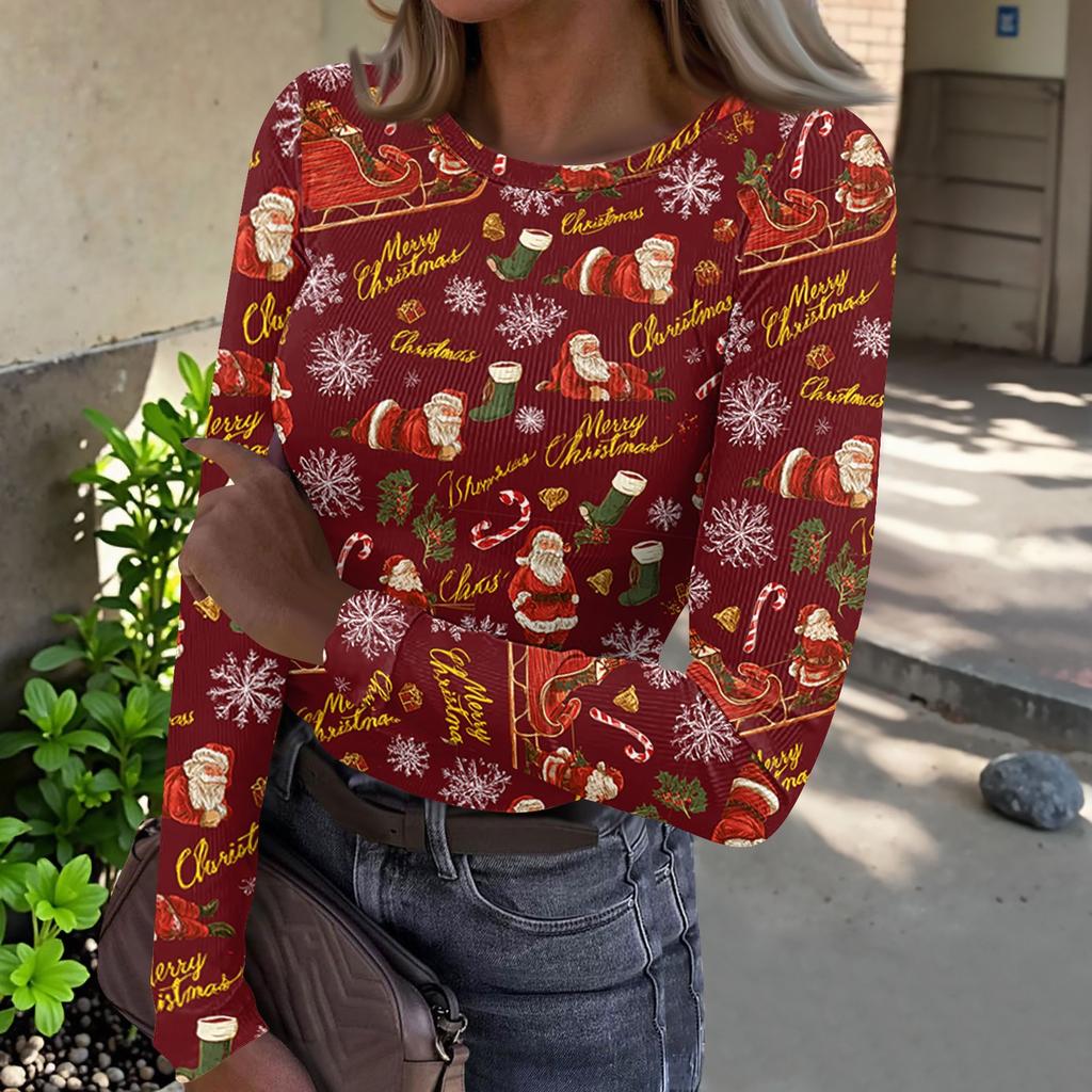 Women's Casual Long Sleeve Ribbed Neck Christmas Print Pullover Top