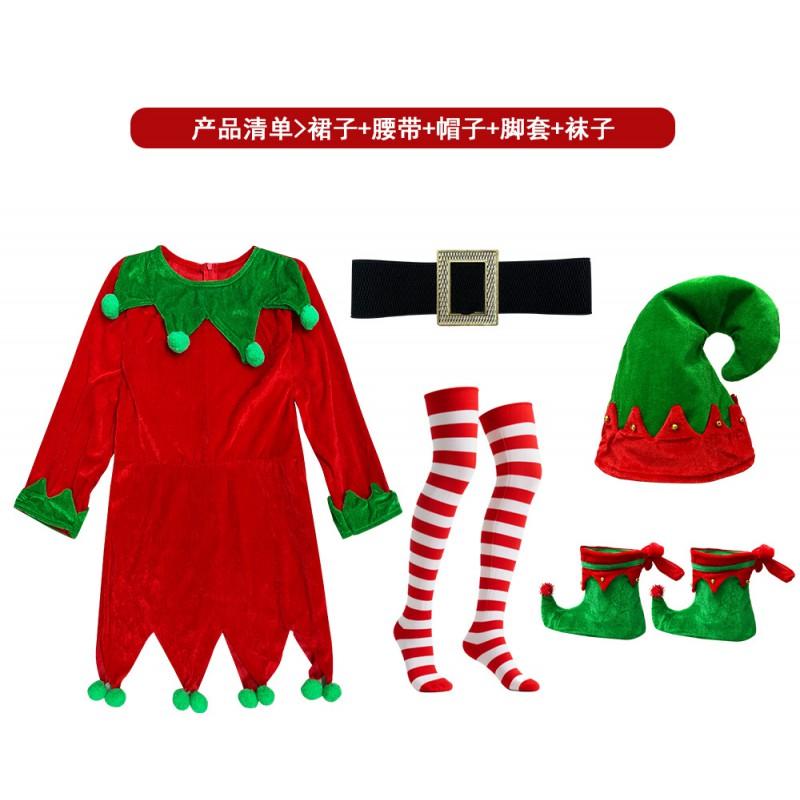 Kids Christmas Halloween Costume Elf Outfit Boys Girls Long Sleeve Dress With Hat Socks Party