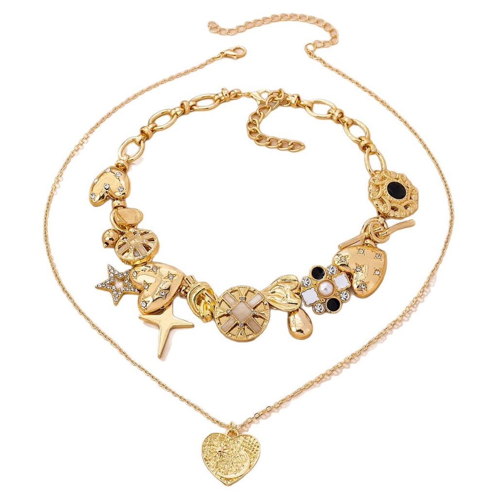Gold Layered Choker Necklace with Heart Star Moon Pendant Vintage Statement Jewelry for Women