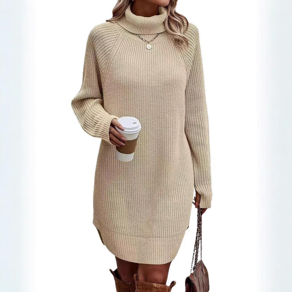 Women's High Neck Button Detail Knit Sweater Dress Loose Sleeve Mini Dress Multi Colors