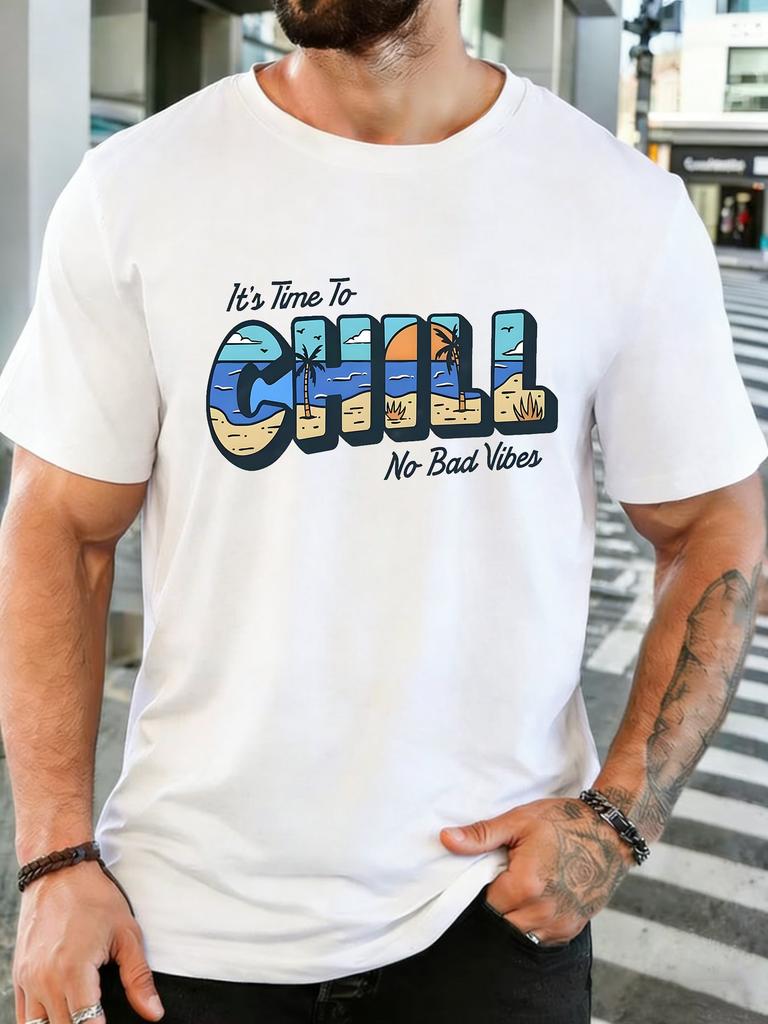 Coastal Chill No Bad Vibes Beach Palm Slogan Print Unisexs Cotton Crew Neck Tee Short Sleeve Loose Summer Street Male Wear Top