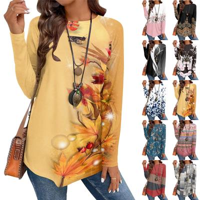 Women's Casual Plus SizeLong Sleeved Round Neck Vintage Ethnic Printing T-shirt Top Pullover
