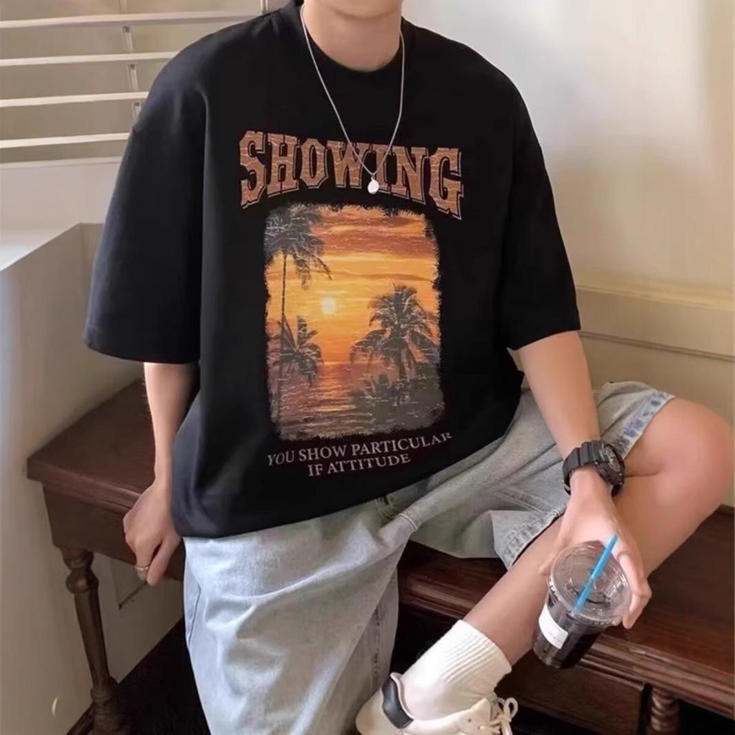 

Унисекс футболка с коротким рукавом бренда Tide - Модная летняя студенческая футболка в гонконгском стиле Западного побережья XL темно-серого