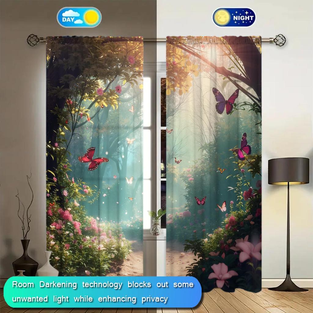 2 Piece Forest Butterfly Pattern Curtains   Dreamy Healing Curtains   Sunshade and Privacy-protecting Pole-style Curtains