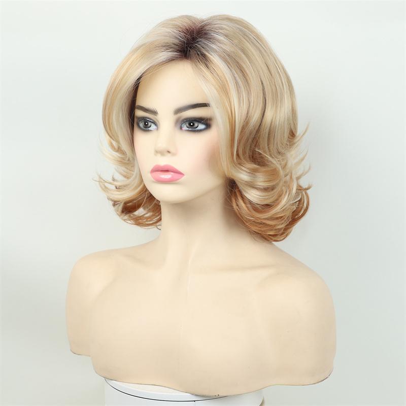 Ombre Blonde Wig Synthetic Heat Resistant Short Straight Bob Wigs with Bangs for Women Daily Mommy Hair Replacement Wig