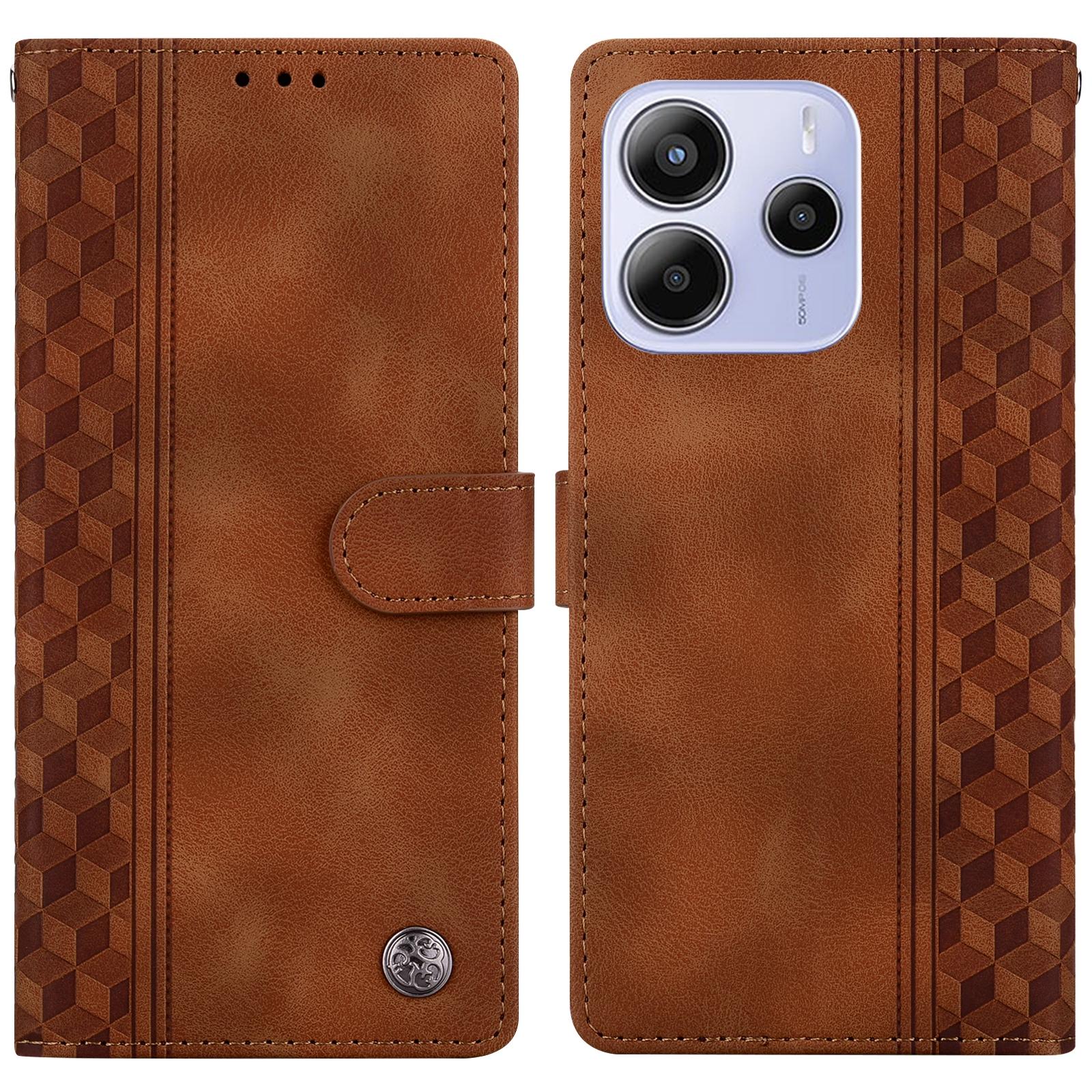 

For Xiaomi Redmi Note 14 4G (164.84mm) Leather Case Imprinted Checkered Pattern Wallet Stand Flip Phone Cover Brown