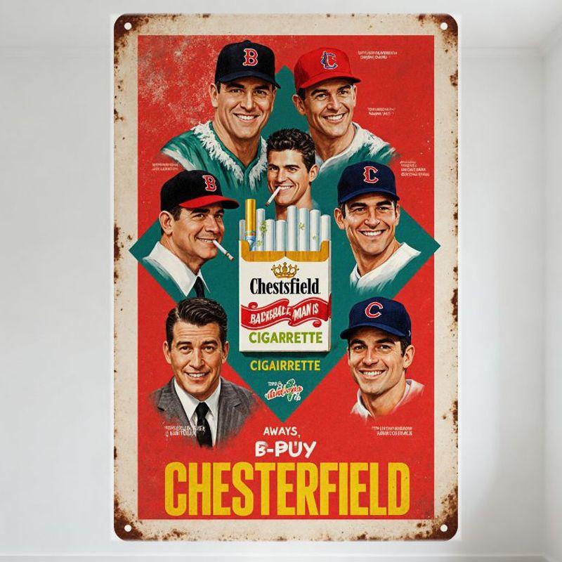 Сигареты Chesterfield Винтаж Тема бейсбола Металлическая жестяная табличка Ретро Рустик Рекламный плакат для бара паба дома Настенный декор 12x18 дюймов 20x30cm（7.8x11.8inch）