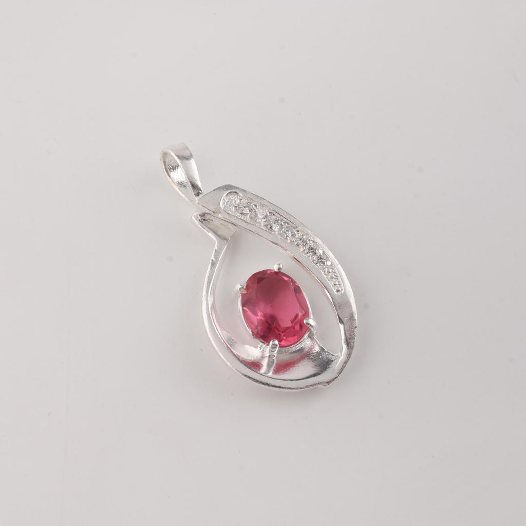 Pink Tourmaline Gemstone 925 Sterling Silver Zircon Jewelry Elegant Chain Pendant 1.4" For Gift CZP-16-4