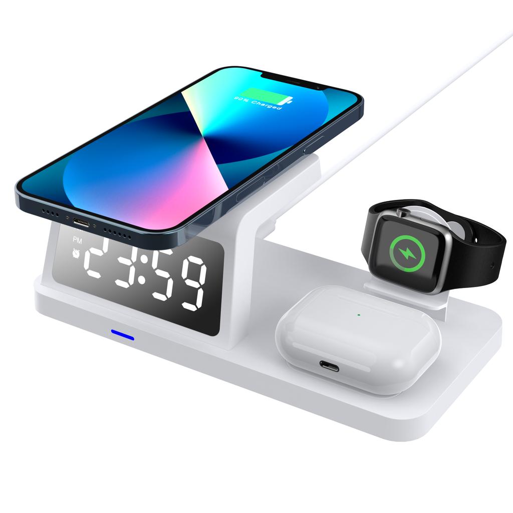 4 In 1 Wireless Charging Station 15W Fast Charger with Alarm Clock For Phone/Apple Watch/AirPods/Type-C/Home/Office
