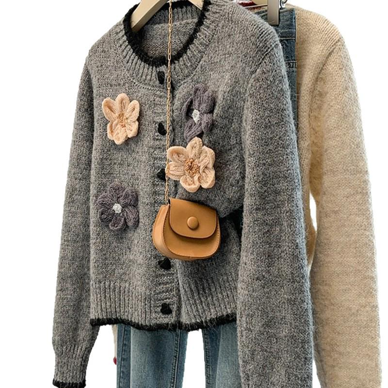 Elegant 3D Flower Knit Cardigan Jacket - Women's Stylish Outerwear Sweater 2025