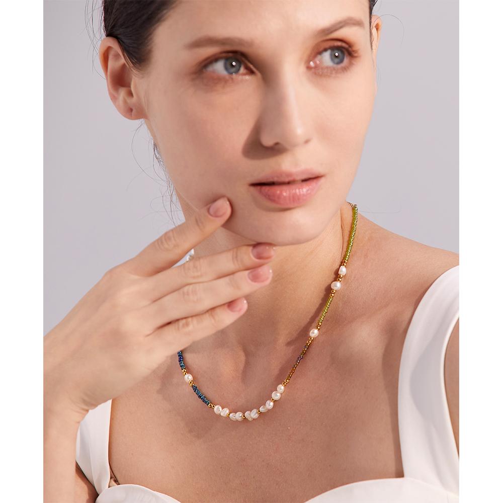 Yhpup Gorgeous Natural Freshwater Pearls Measly Bead Chain Stainless Steel Handmade Necklace Charm Luxury Fashion Trendy Jewelry