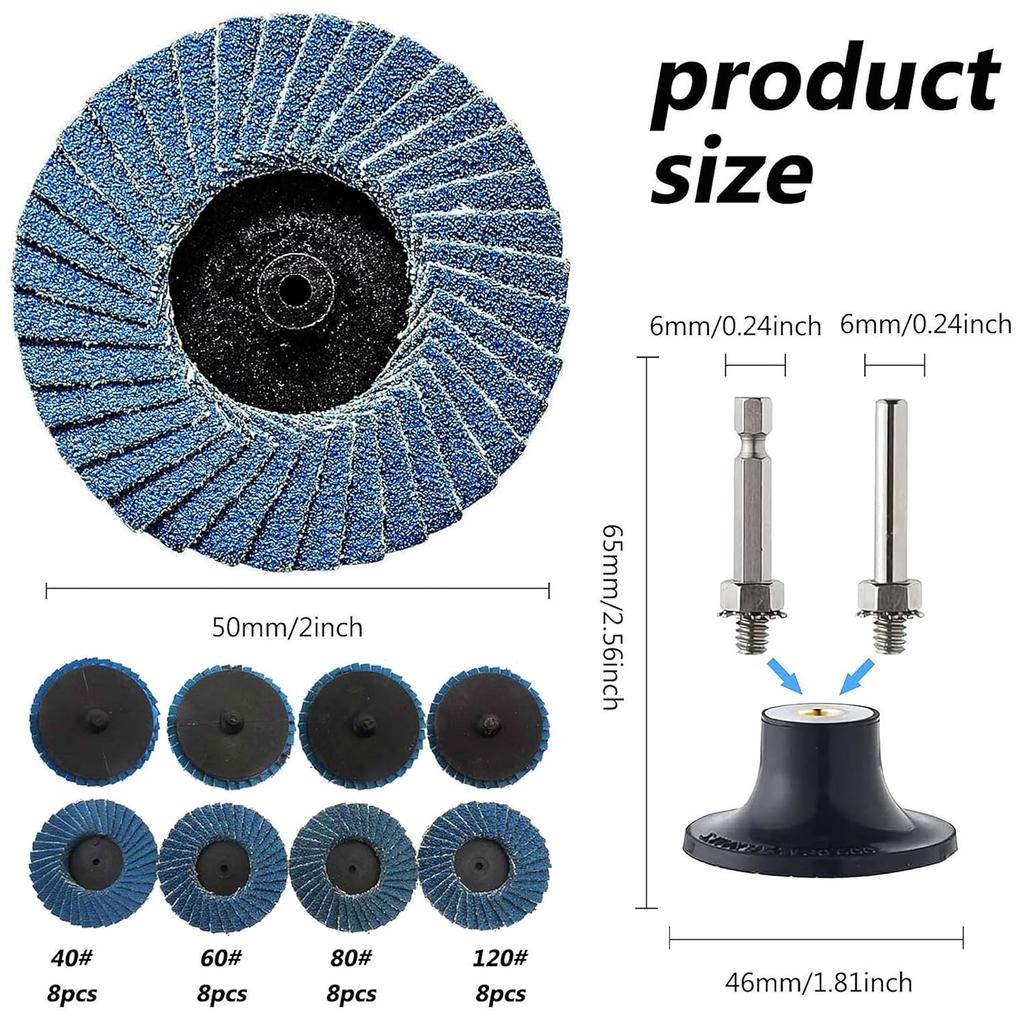 Pack of 32 Flap Discs 50 mm for Drill, 2 Inch Sanding Discs Grit 40/60/80/120 Zirconia Corundum Grinding Disc with 6.35 mm Adapter for Metal Wood