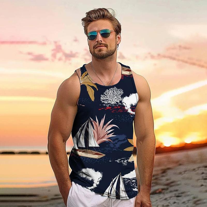 Vintage Letní 3D Potisk Listy Kokosové Stromy Grafika Pánská Móda Cool Streetwear Vesta Pohodlná Měkká Prodyšná Velká Velikost Vesta