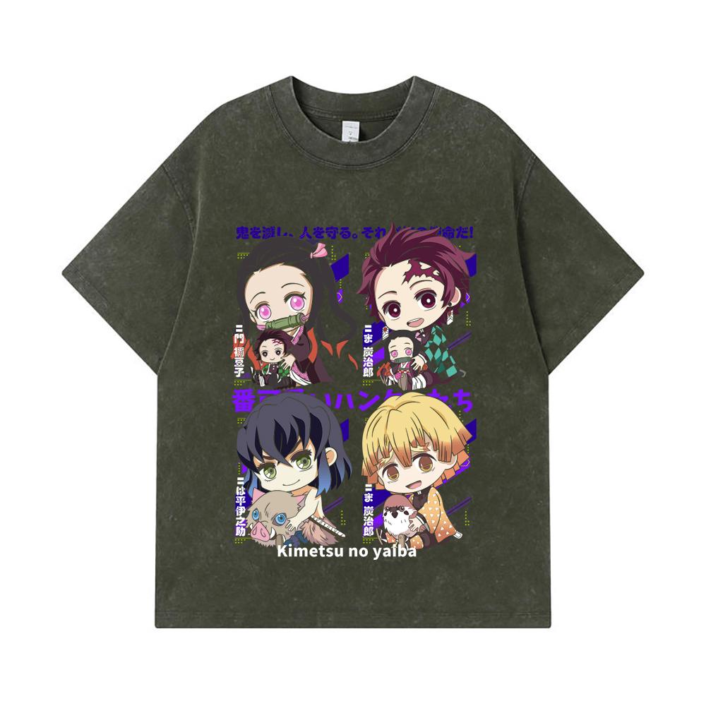 275 GSM Washed T-shirts 100% Cotton Demon Slayer V80 Hashiras Chibi Print Unisex Heavy Cotton T Shirt