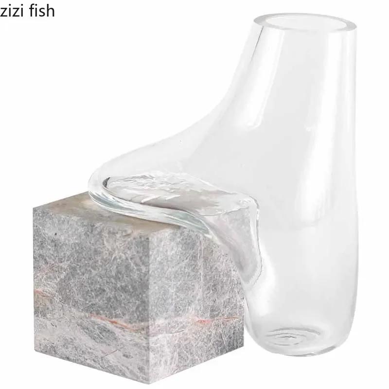 Abstrakte unregelmäßige Glasvase Marmorsockel Blumengefäß Hydrokultur-Vase Blumenarrangement-Vase Schreibtischdekoration Heimdekoration