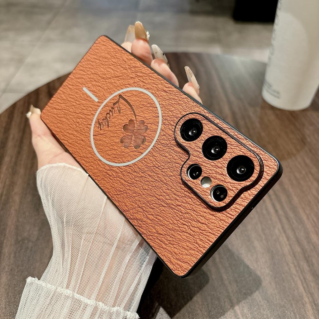 Samsung S25ULTRA Four-leaf Clover Mobile Phone Case S24FE Leather Pattern Magnetic Absorbing Model Full Pack S23p Anti Fall