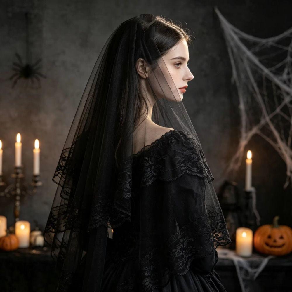 Two-Tier Lace Veil Black Head Veil Classic Gothic Veil For Halloween Cosplay