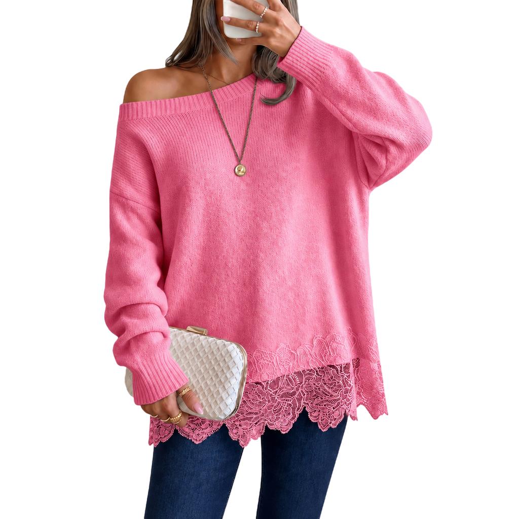 Women's Off Shoulder Loose Fit Knit Sweater Lace Trim Long Sleeve Round Neck Pullover Top for Fall Winter