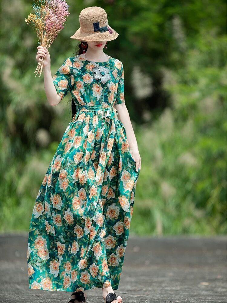 

Ретро платье из хлопка и льна с принтом для женщин, лето 2025, новое, со шнуровкой на талии, круглым вырезом, короткими рукавами, длинное 3XL зелёный