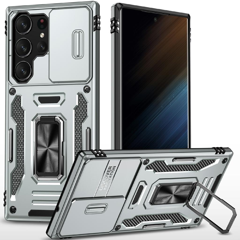 For Samsung Galaxy S25 Ultra Case Kickstand Slide Lens Lid PC+TPU Drop-Proof Phone Cover