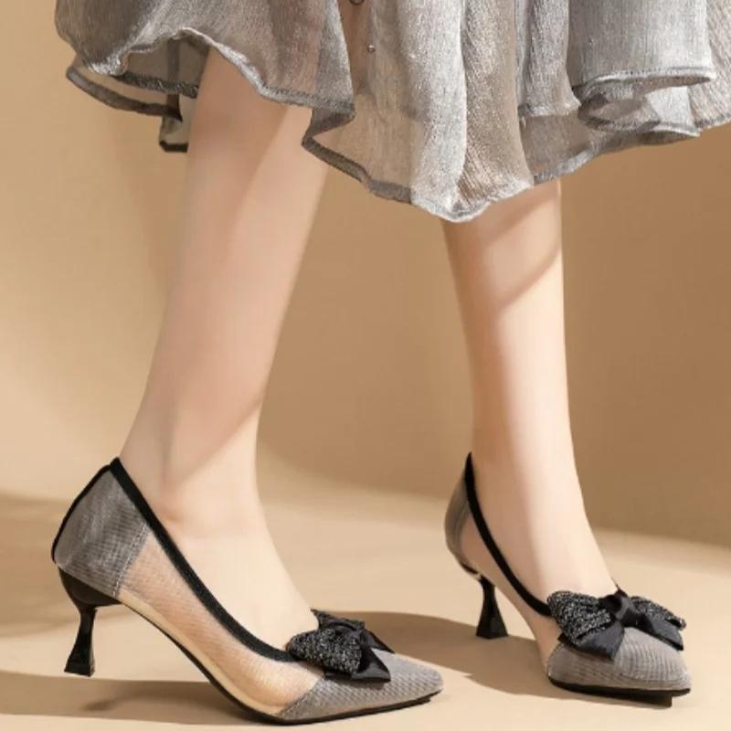 Pointy High Heels Women's Shoes Spring and Summer New Style with Bow Mesh Fine Heels Fashion Shoes Breathable Women's Net Shoes