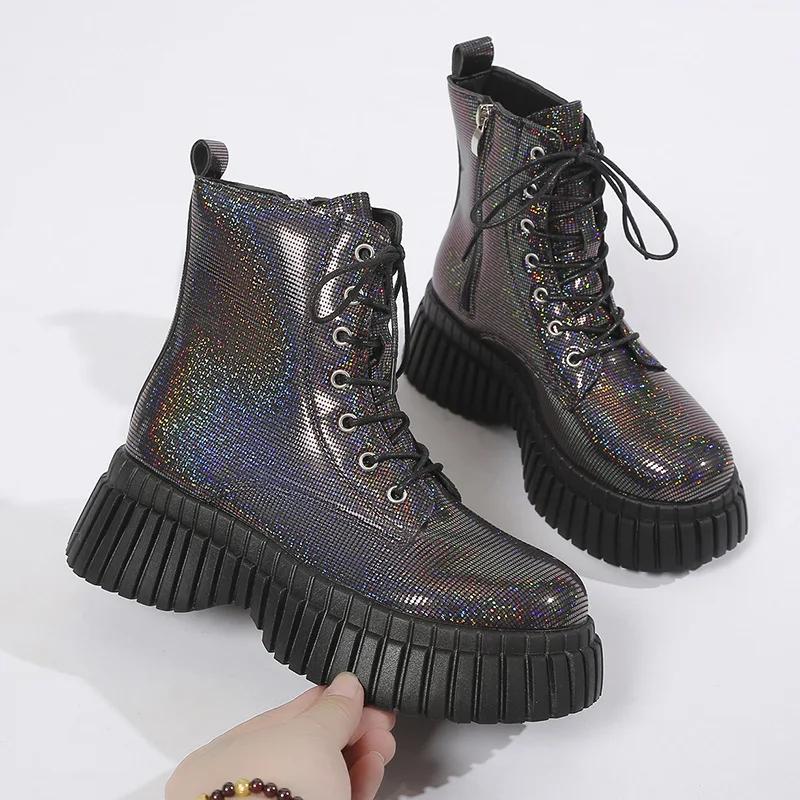 Mode koreansk mode glittriga paljetter snörstövlar kilklack tjocksulade skor höst vinter kvinna varma plattformar ankelstövlar
