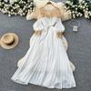 French heavy industry embroidered bead sequin mesh stitching lantern sleeve strap waist pleated dress women's high-end long dress