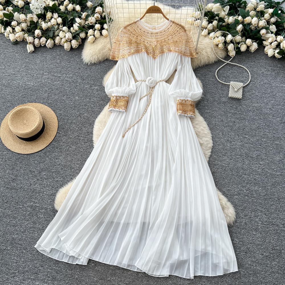 French heavy industry embroidered bead sequin mesh stitching lantern sleeve strap waist pleated dress women's high-end long dress