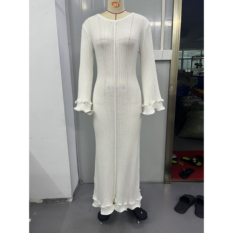 

2024 Spring & Fall European and American Amazon Pure Color Open Back round Neck Long Sleeves Silm Wooden Ear Long Dress Dresses White XL