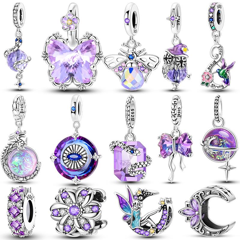 Purple Series Charms Beads 925 Silver Butterfly Firefly Spirit Snake Charm Fit Bracelet Woman DIY Jewelry