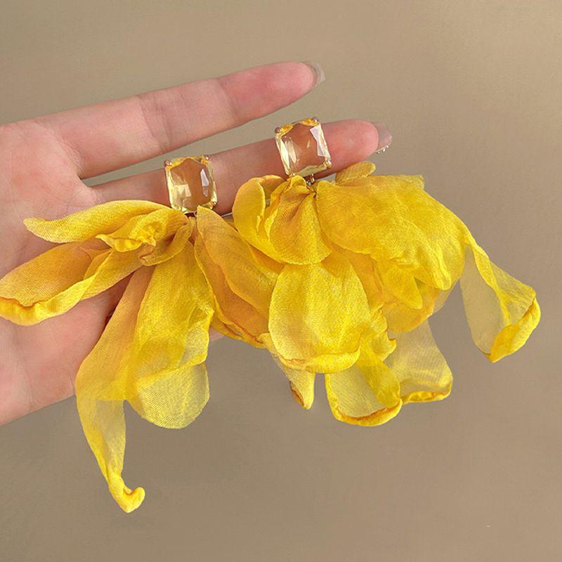 

Summer Travel Vacation Style Yellow Chiffon Flower Earrings for Women Fancy Elegant Earrings Exaggerated Unique Earrings