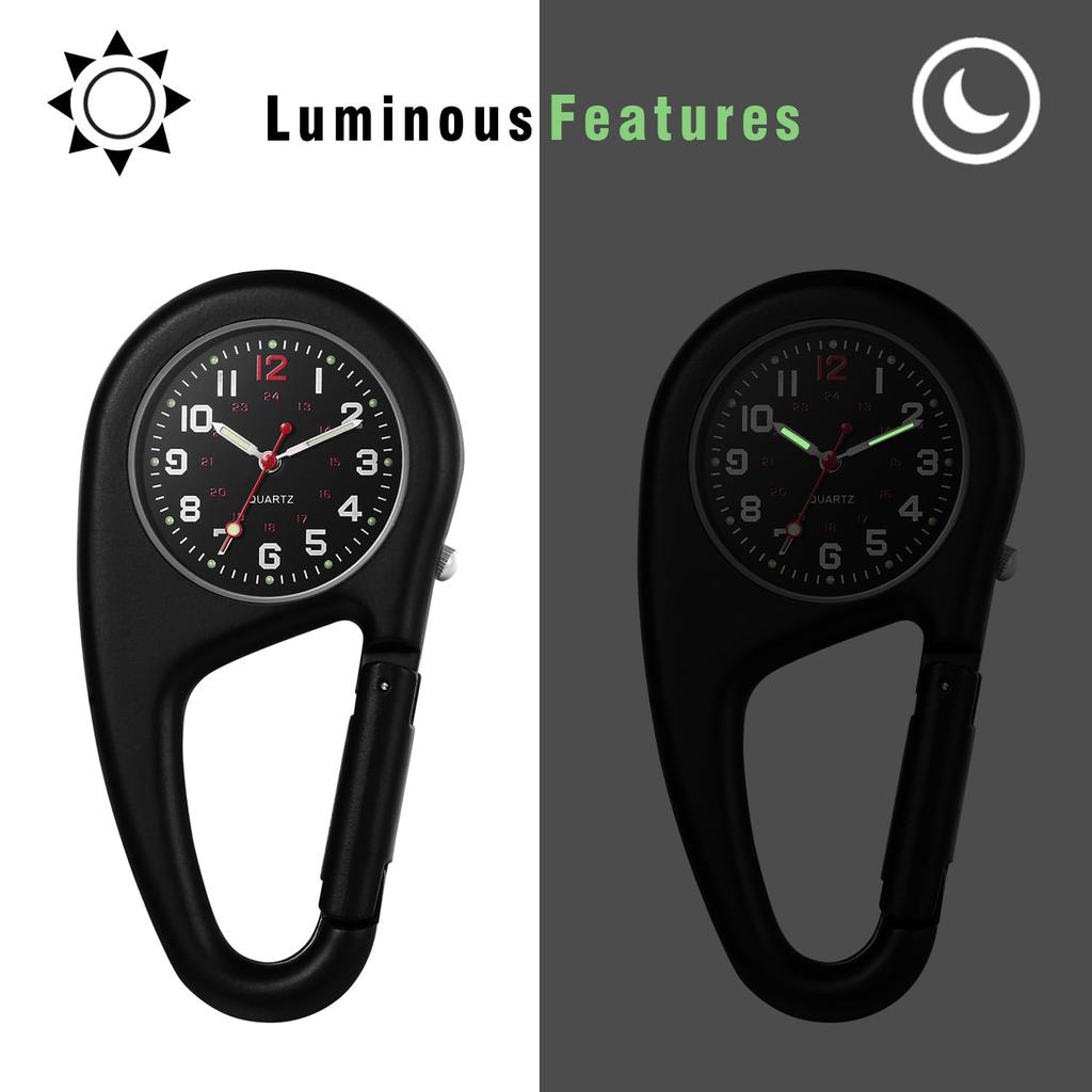 Carabiner Watch Clip Watch Keychain Carabiner Watch Waterproof Luminous Analog Display Pocket Watch Nurse Watch Black Sports Climbing Camping Outdoor