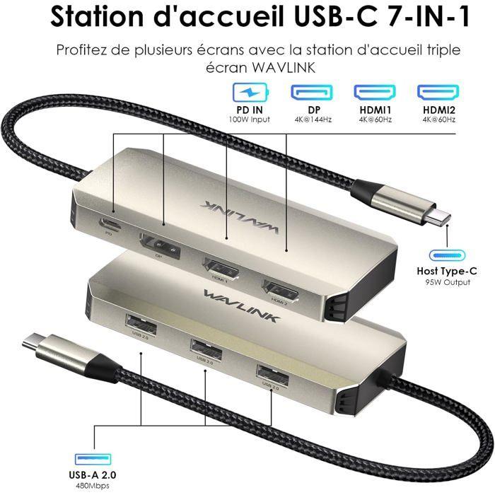 WAVLINK Station d'accueil triple 4K, HDMI/DP, 100W PD, USB-A pour Dell/HP/Lenovo, Windows