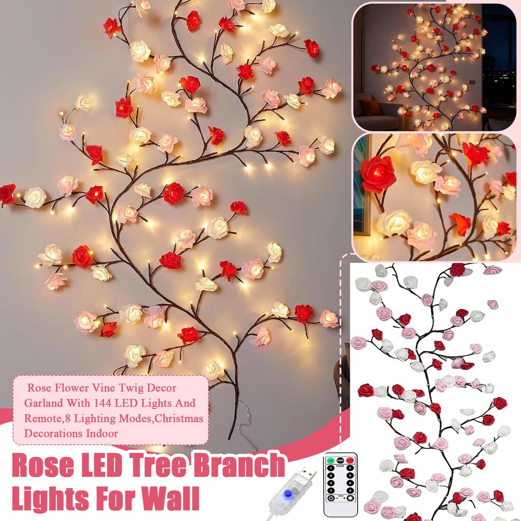 Rose LED Zweiglichter für die Wand, Rose Blumengirlande Zweigdeko Girlande mit 144 LED Lichtern und Fernbedienung, 8 Beleuchtungsmodi, Weihnachtsdekorationen Innen