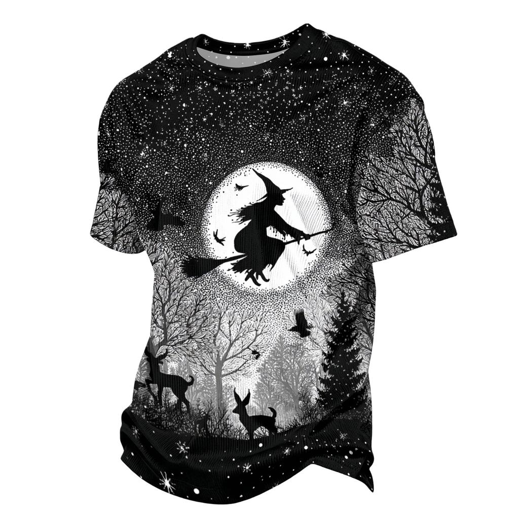 Men's Casual Corduroy Short Sleeve Lightweight Breathable Round Neck Shirt Halloween Print Design Suitable for Everyday Wear