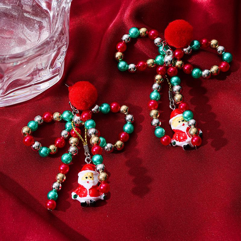 Colorful Beaded Bow & Pom-pom Santa Claus Christmas Earrings