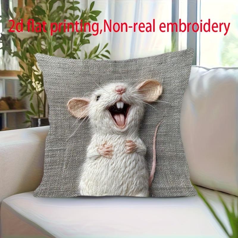 Cute Laughing Mouse Throw Pillow Cover 2D Felt Effect Print Decorative Cushion Cover for Animal Lovers Home Decor